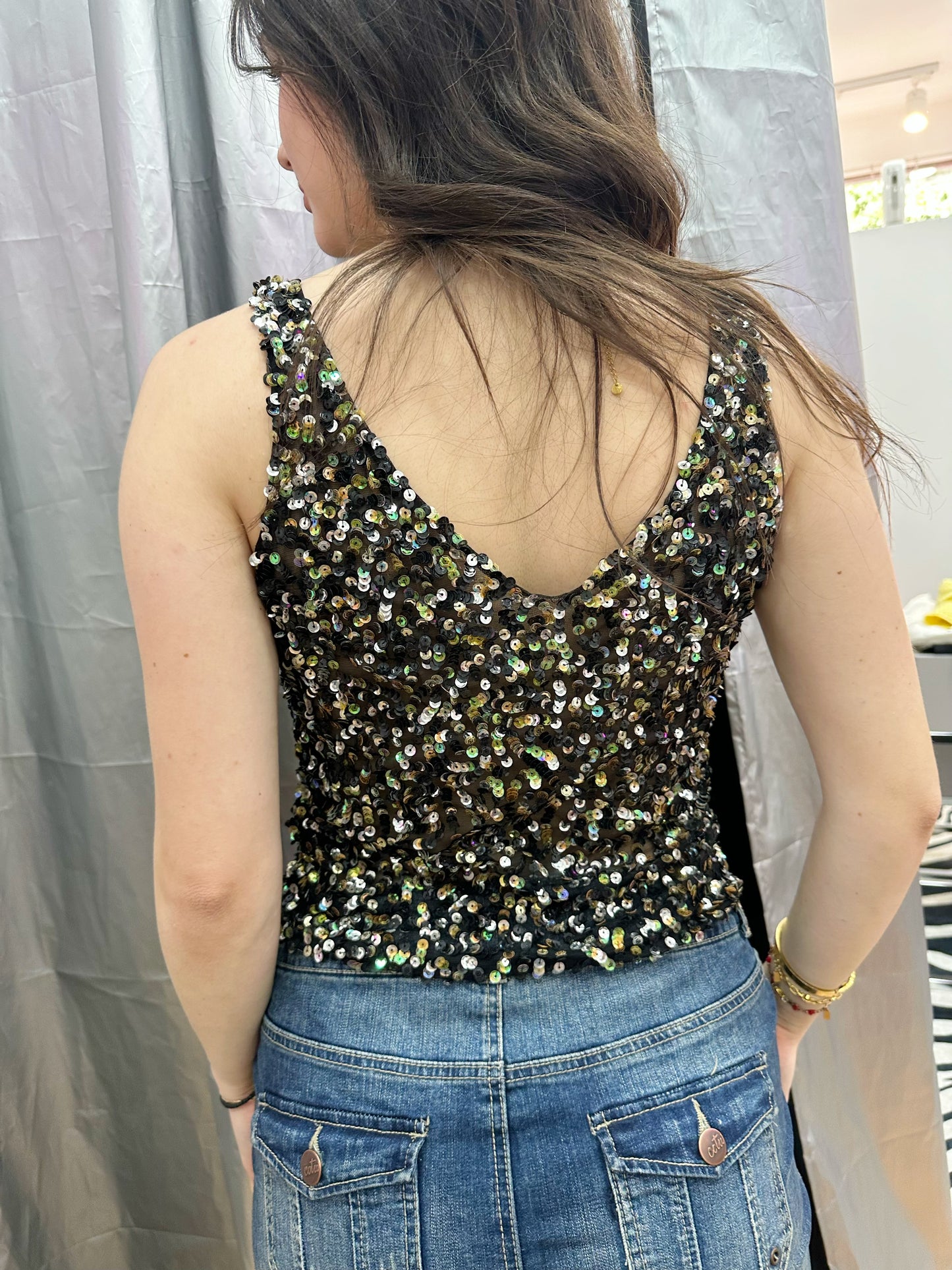 Black mesh sequin top