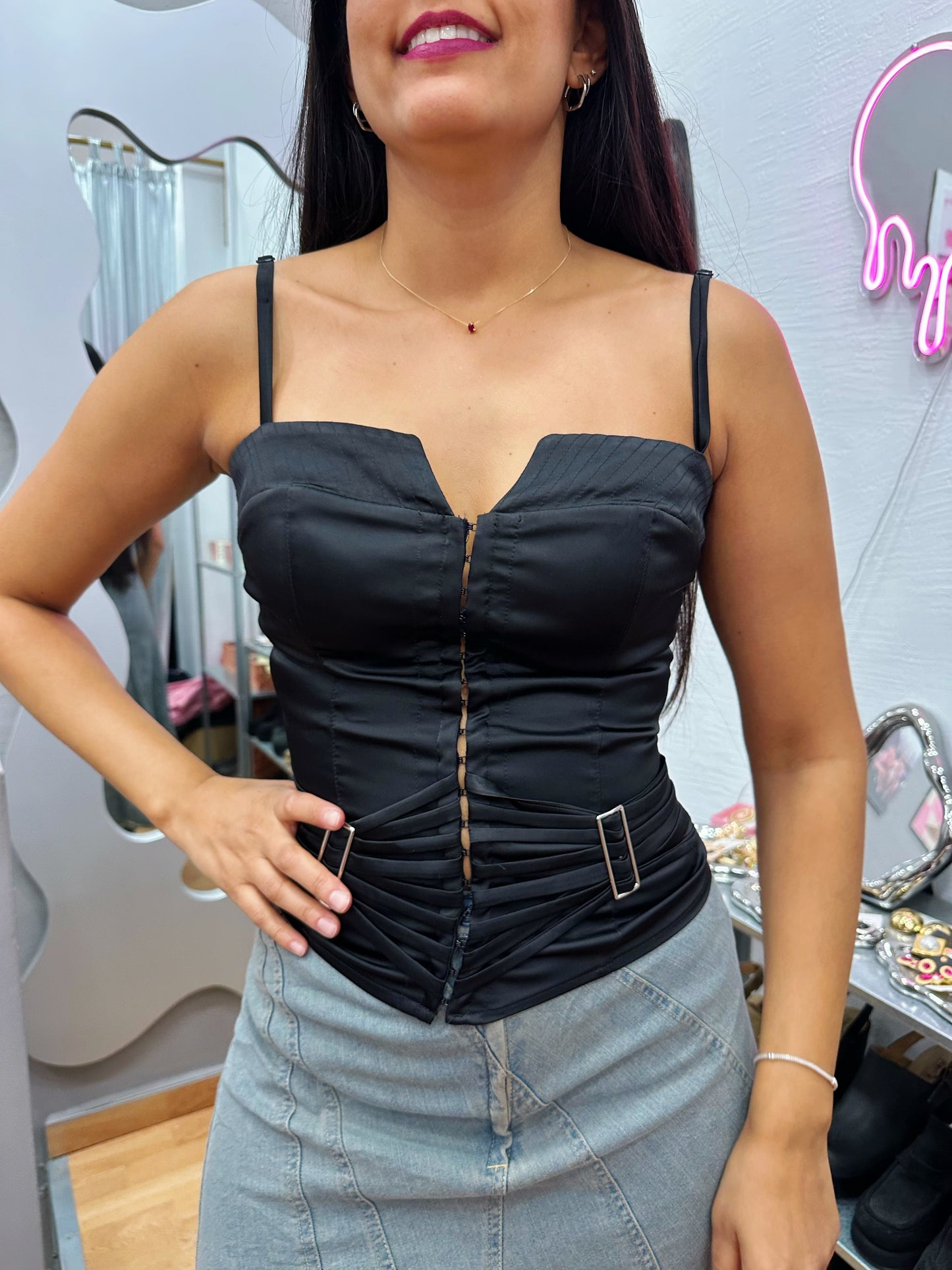 Black satin corset with metallic details