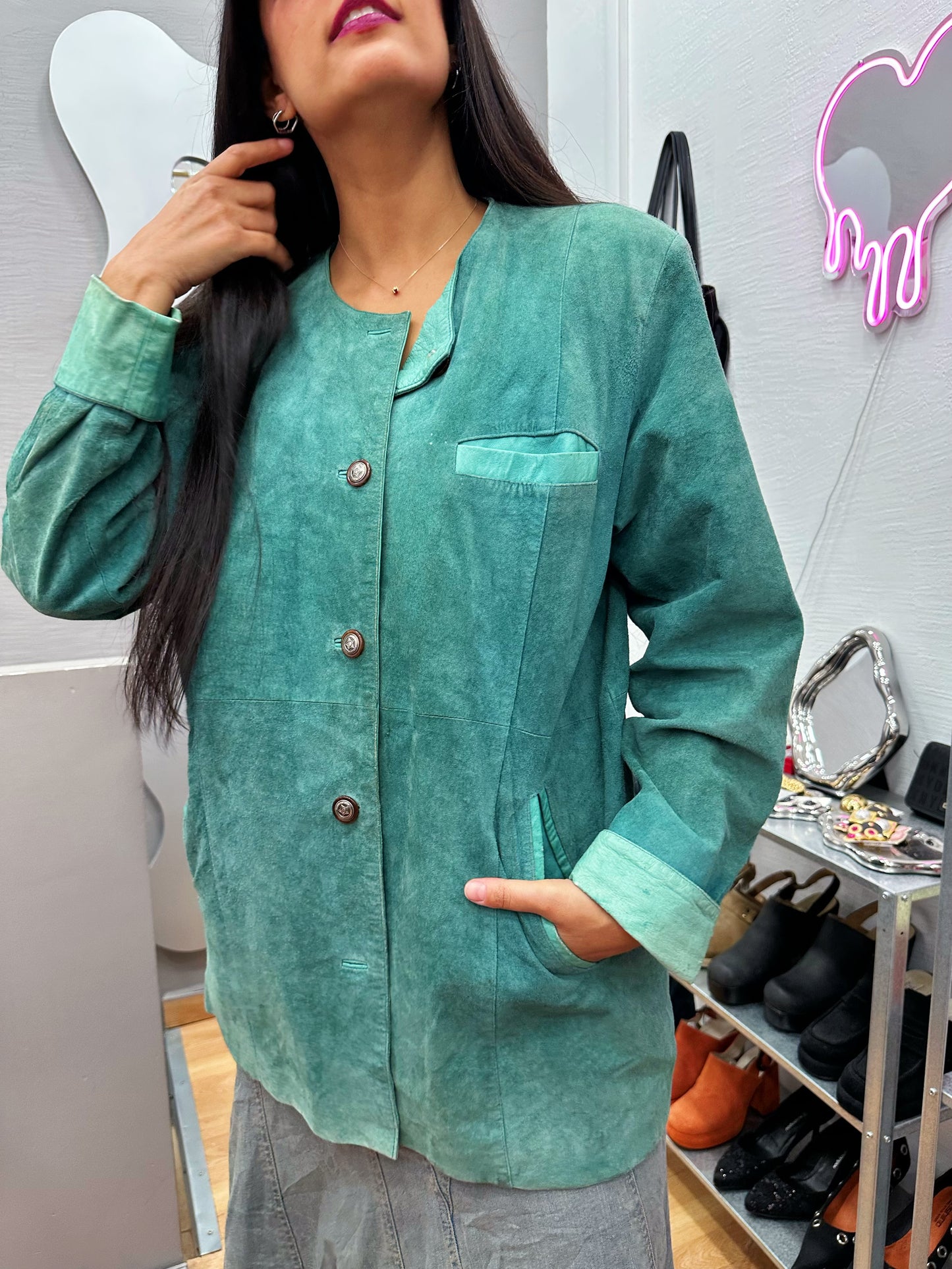 Suede leather jacket mint green