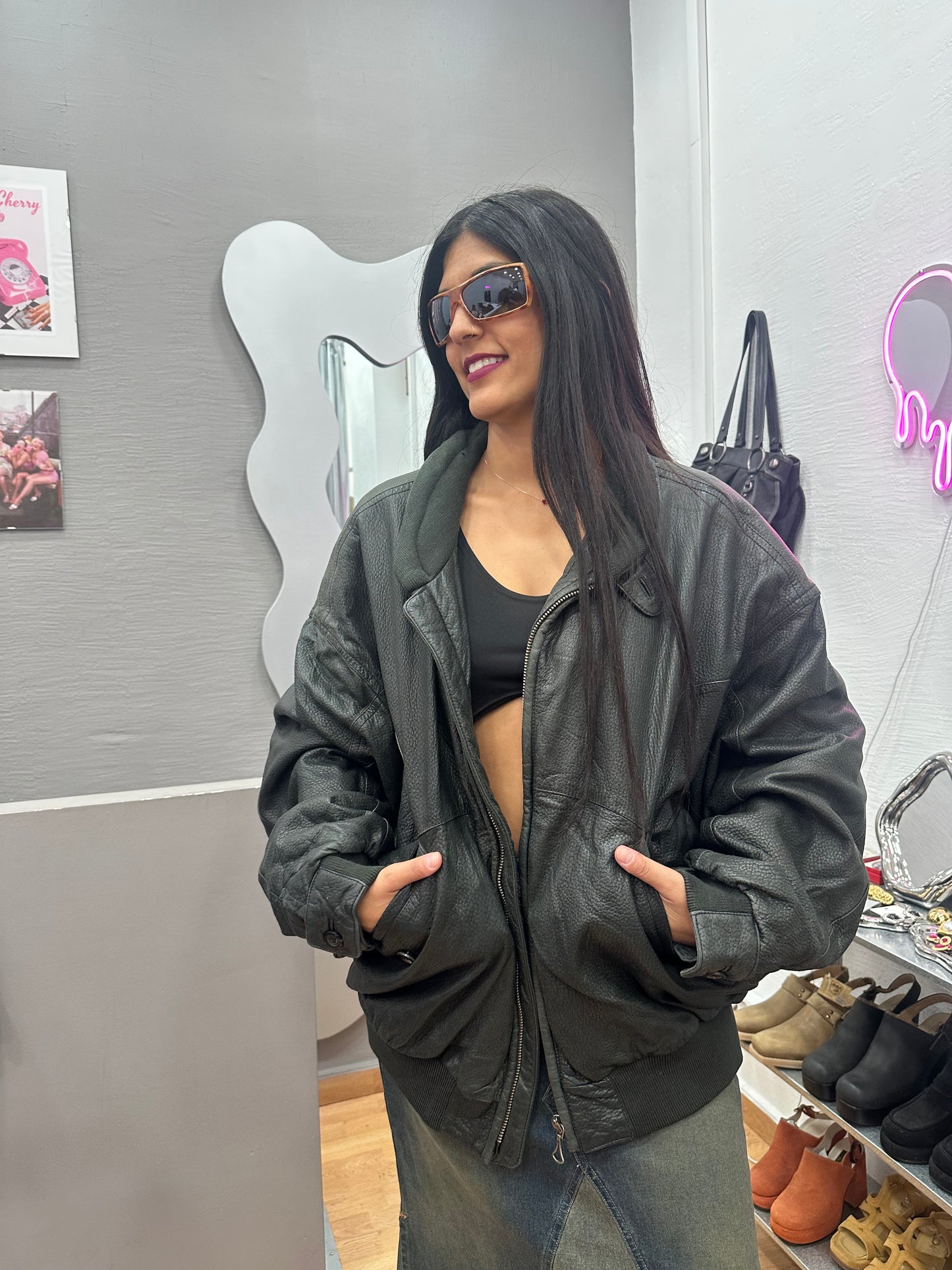 Deep green leather bomber