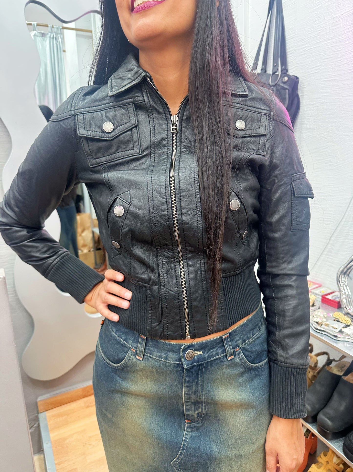 Leather biker bomber jacket