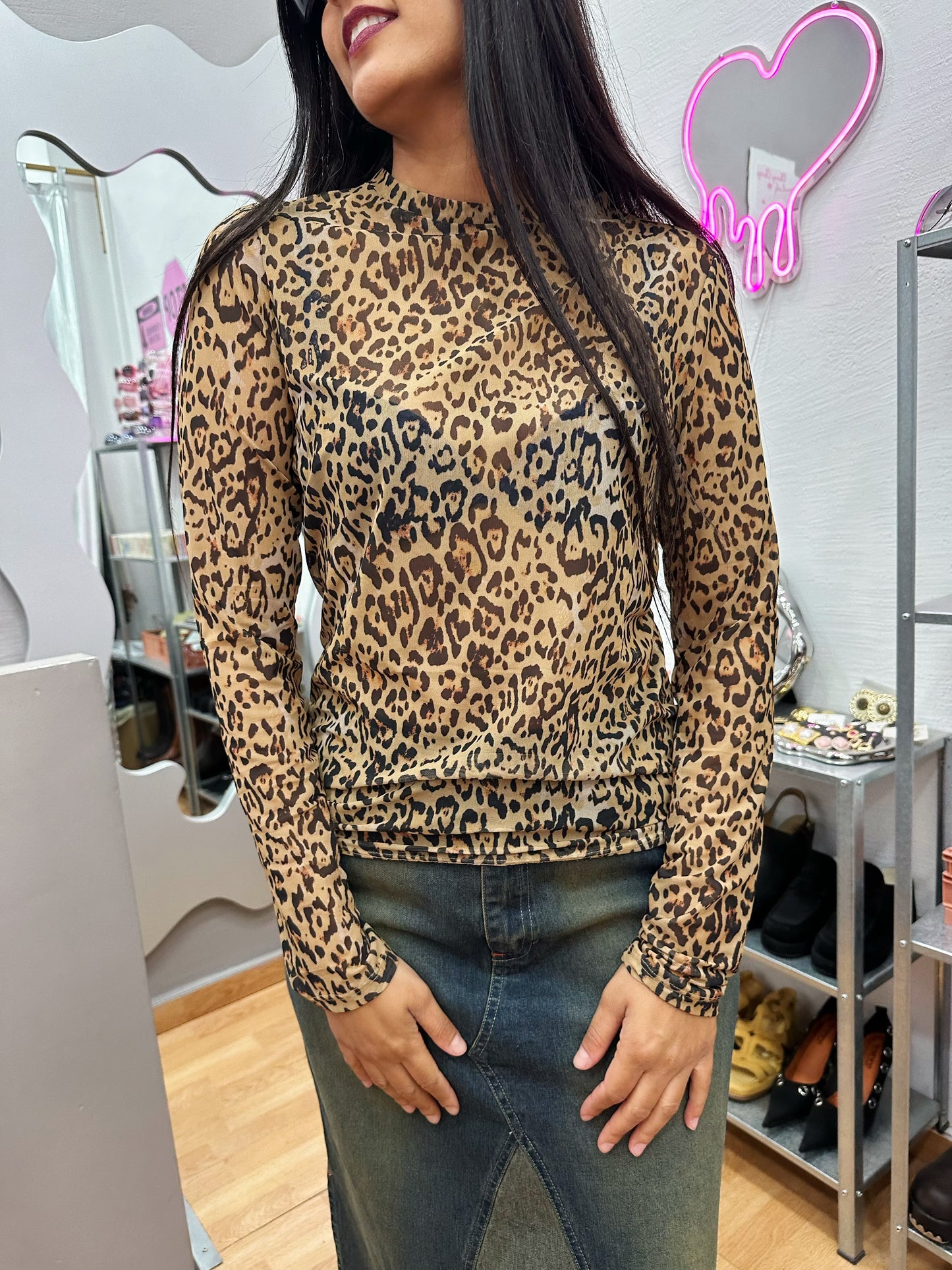 Leopard mesh blouse
