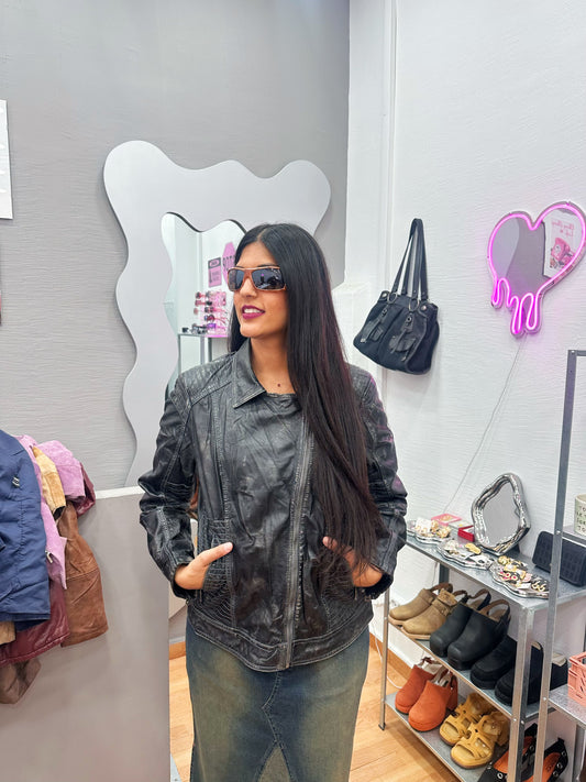 Distressed leather biker jacket