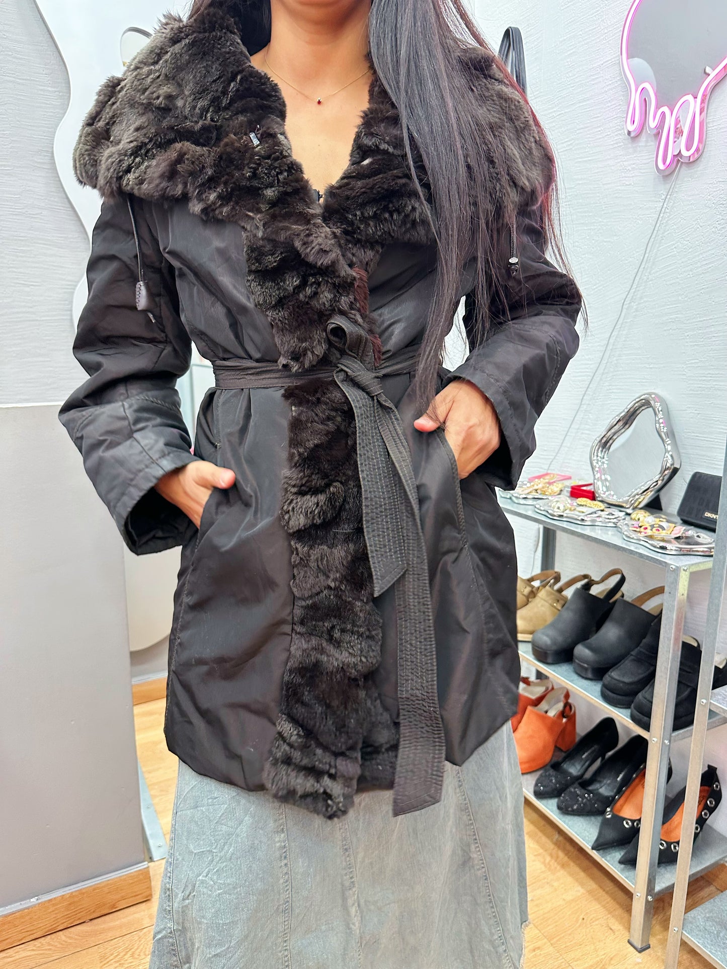 Belted winter jacket with real fur