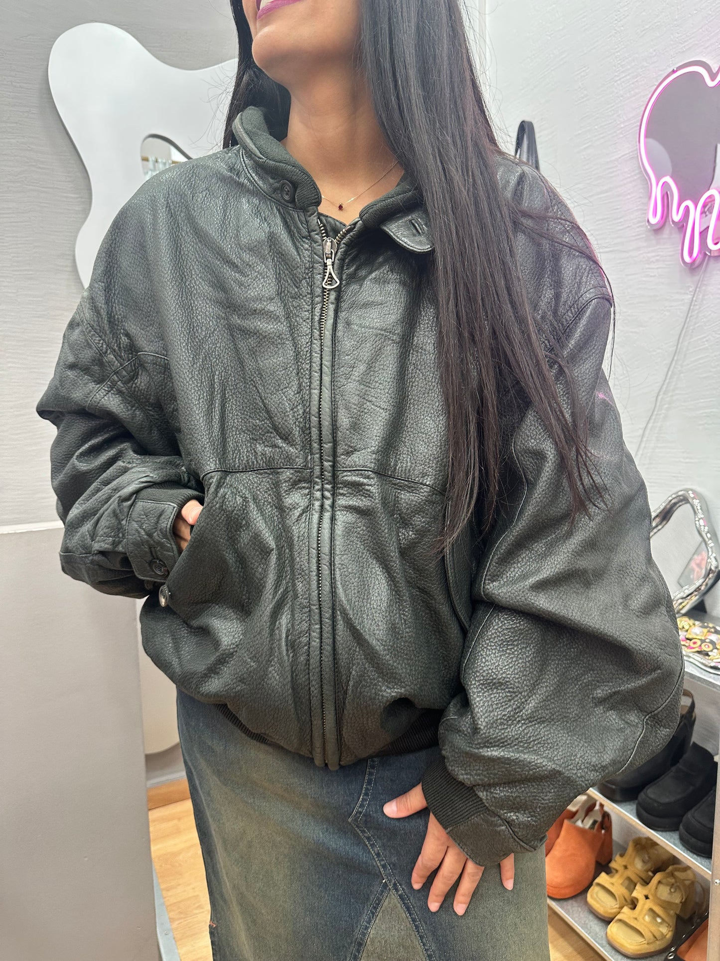 Deep green leather bomber