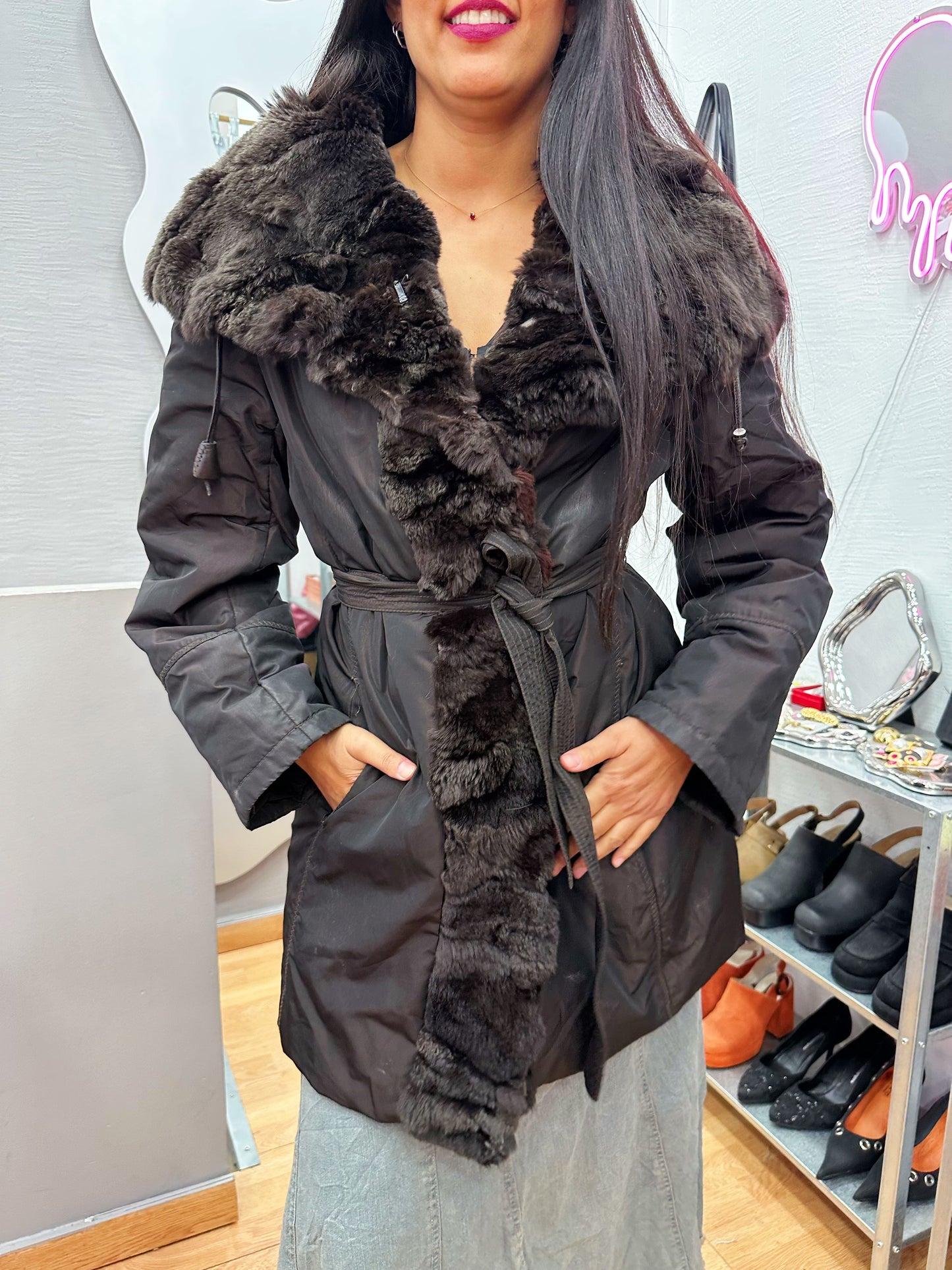 Belted winter jacket with real fur
