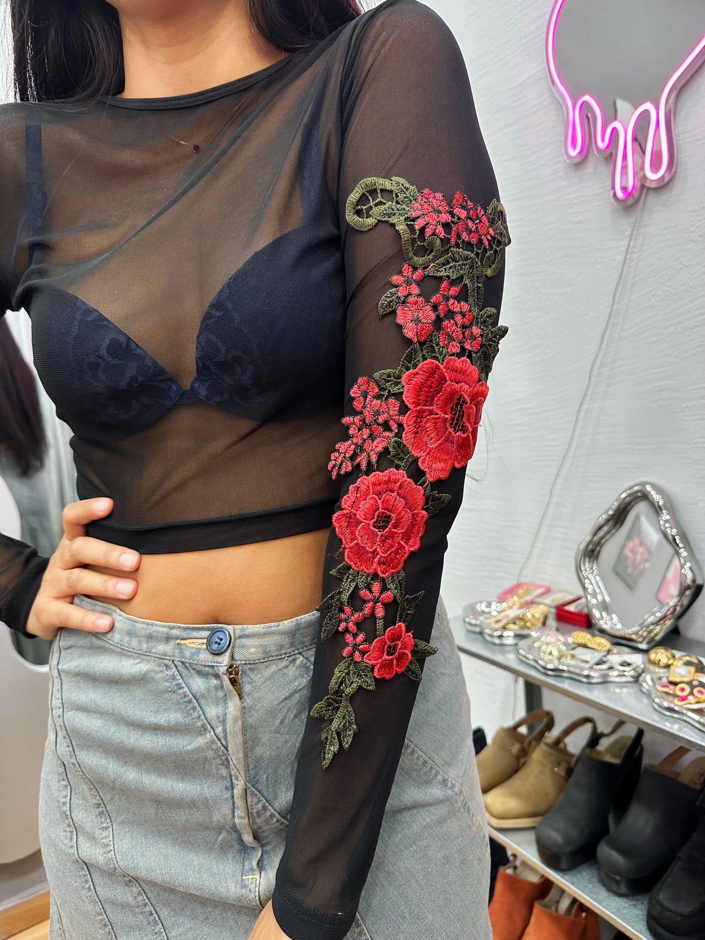 Mesh top with embroidery