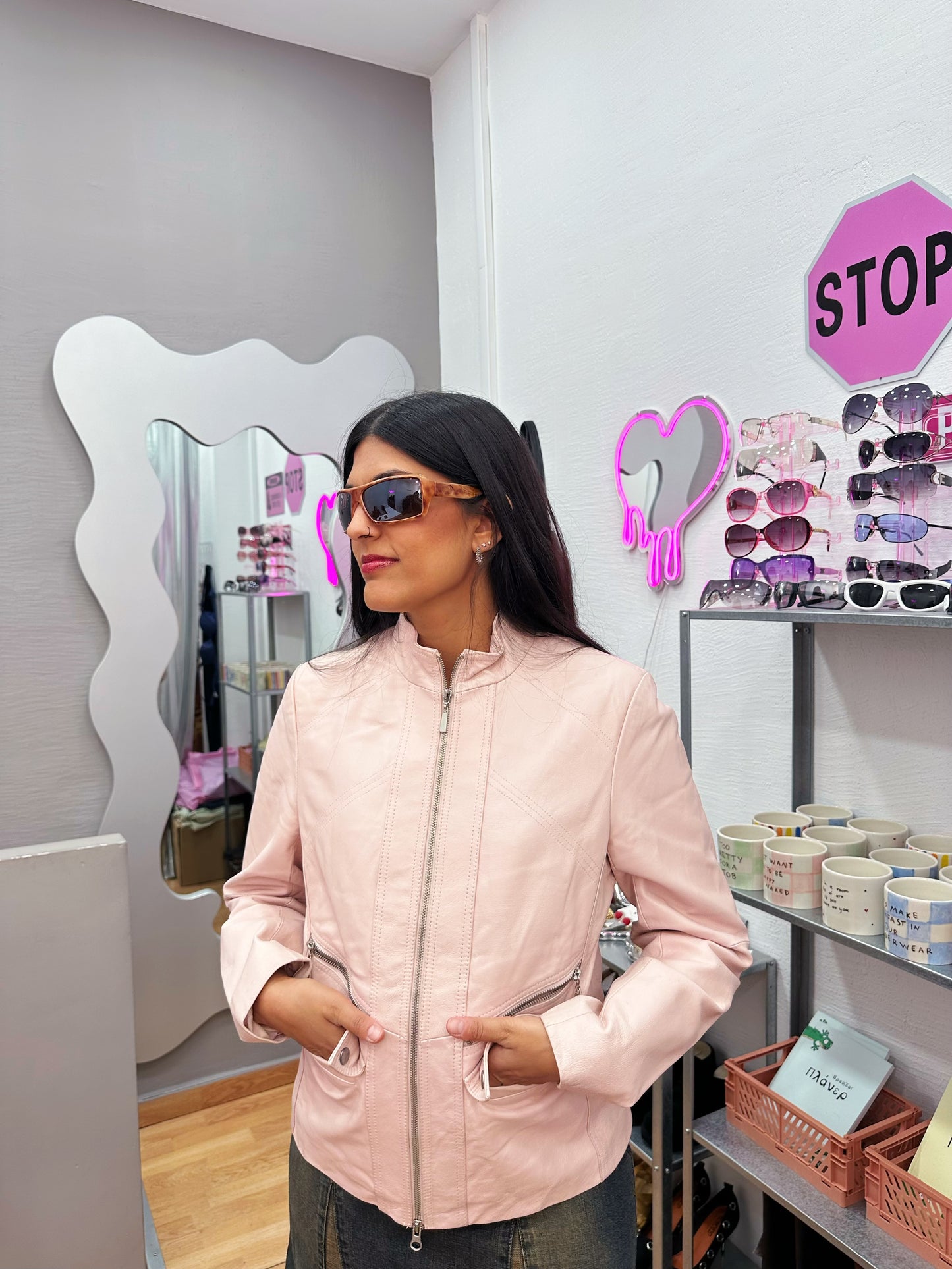 Baby pink leather jacket