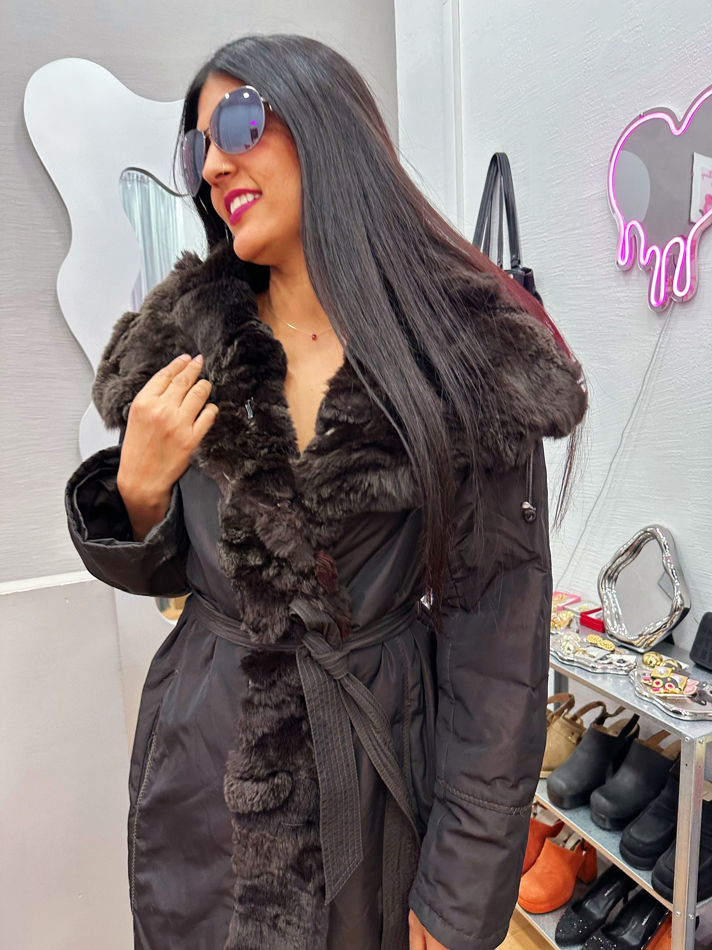 Belted winter jacket with real fur