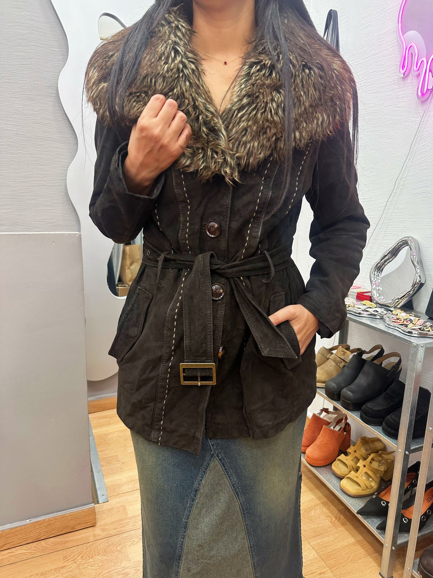 Belted leather coat with removable fur collar