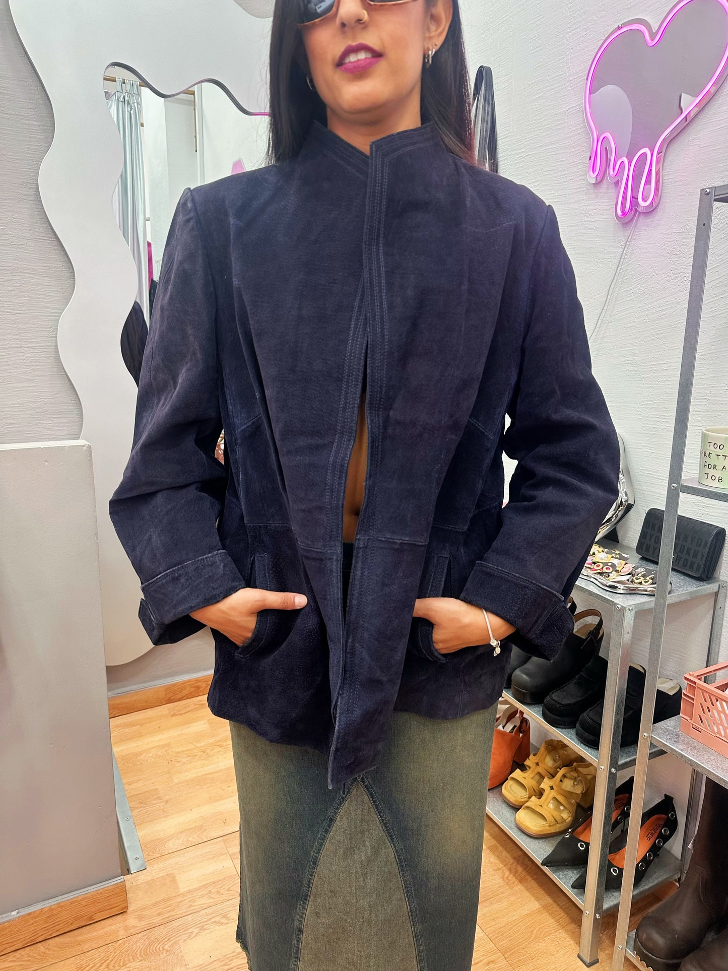 Purple leather jacket with mao neck