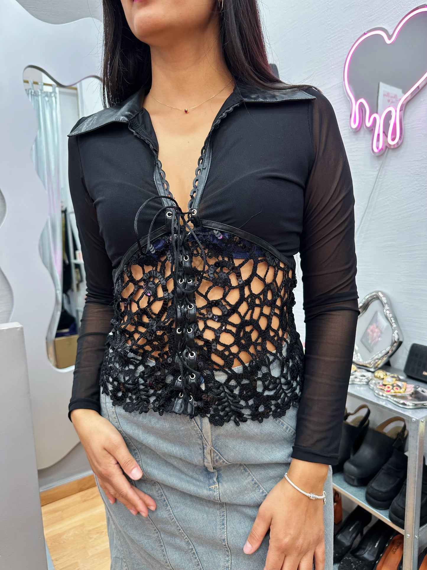 Mesh top with lace and sequins