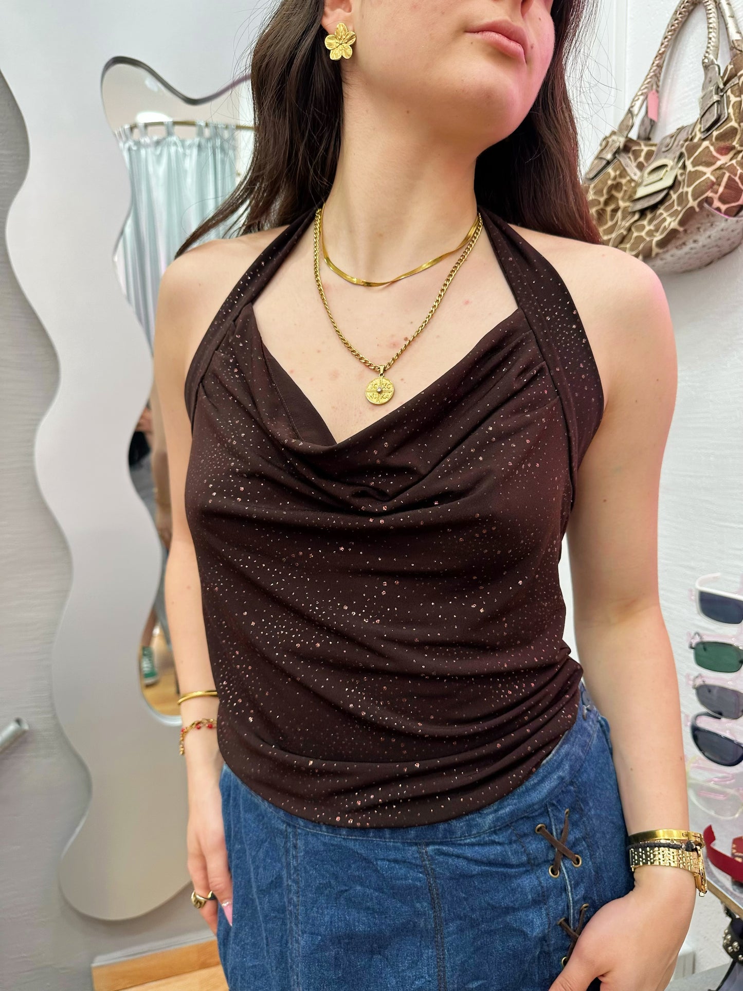 Shimmery brown draped top