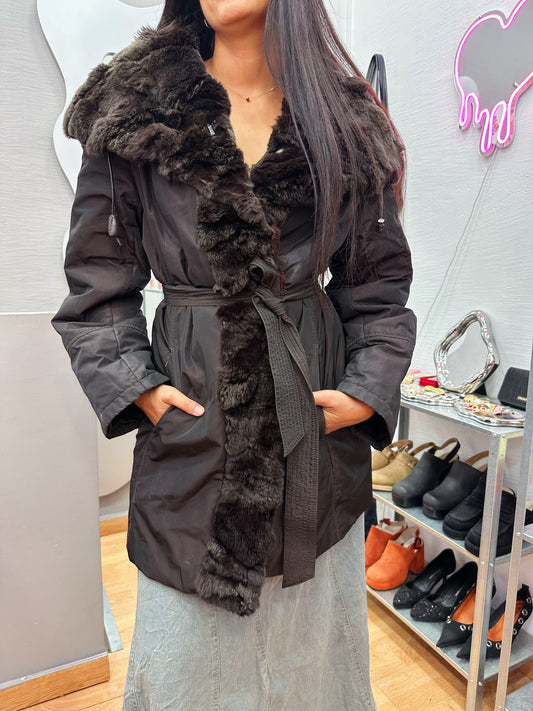 Belted winter jacket with real fur