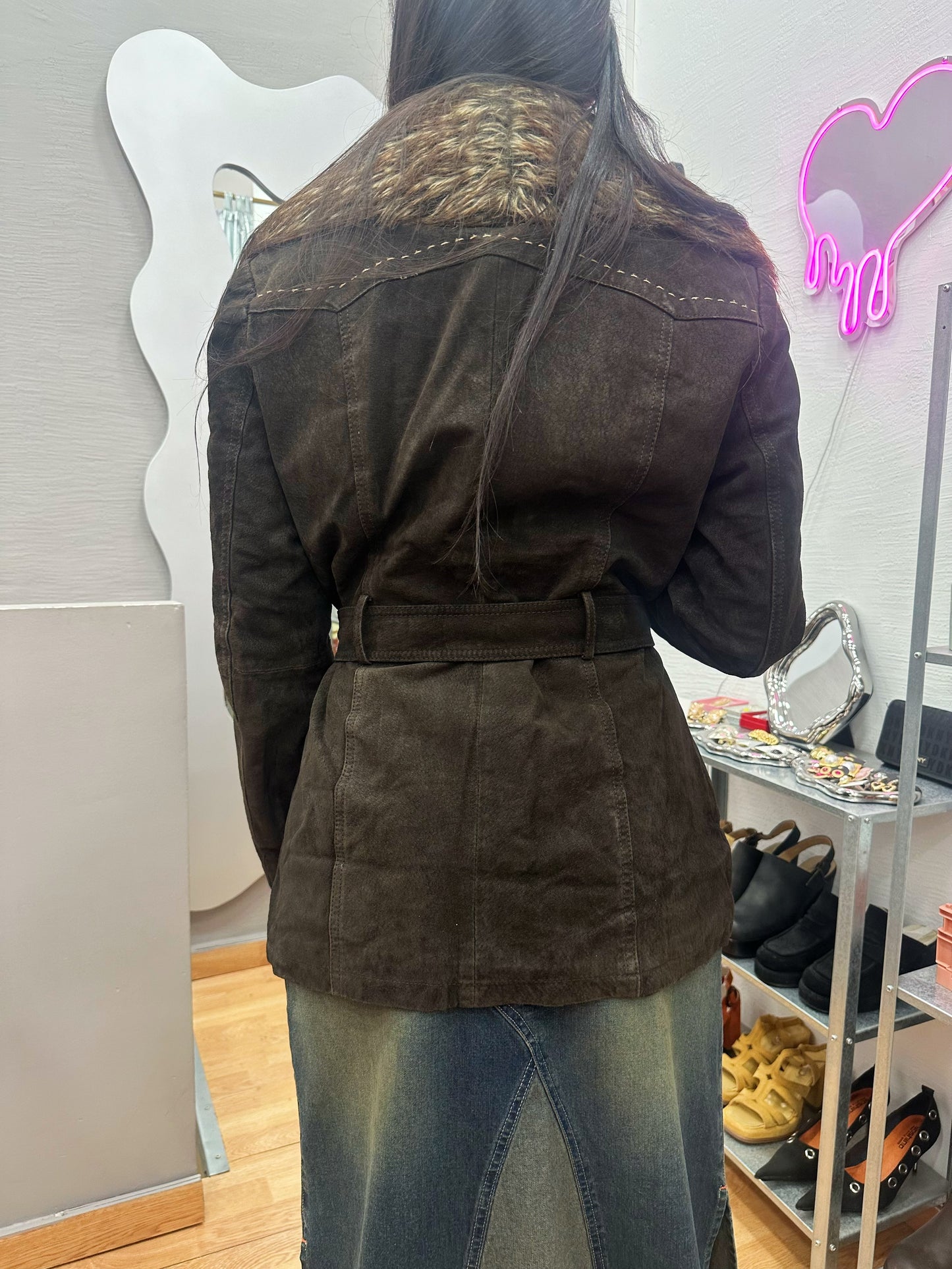 Belted leather coat with removable fur collar