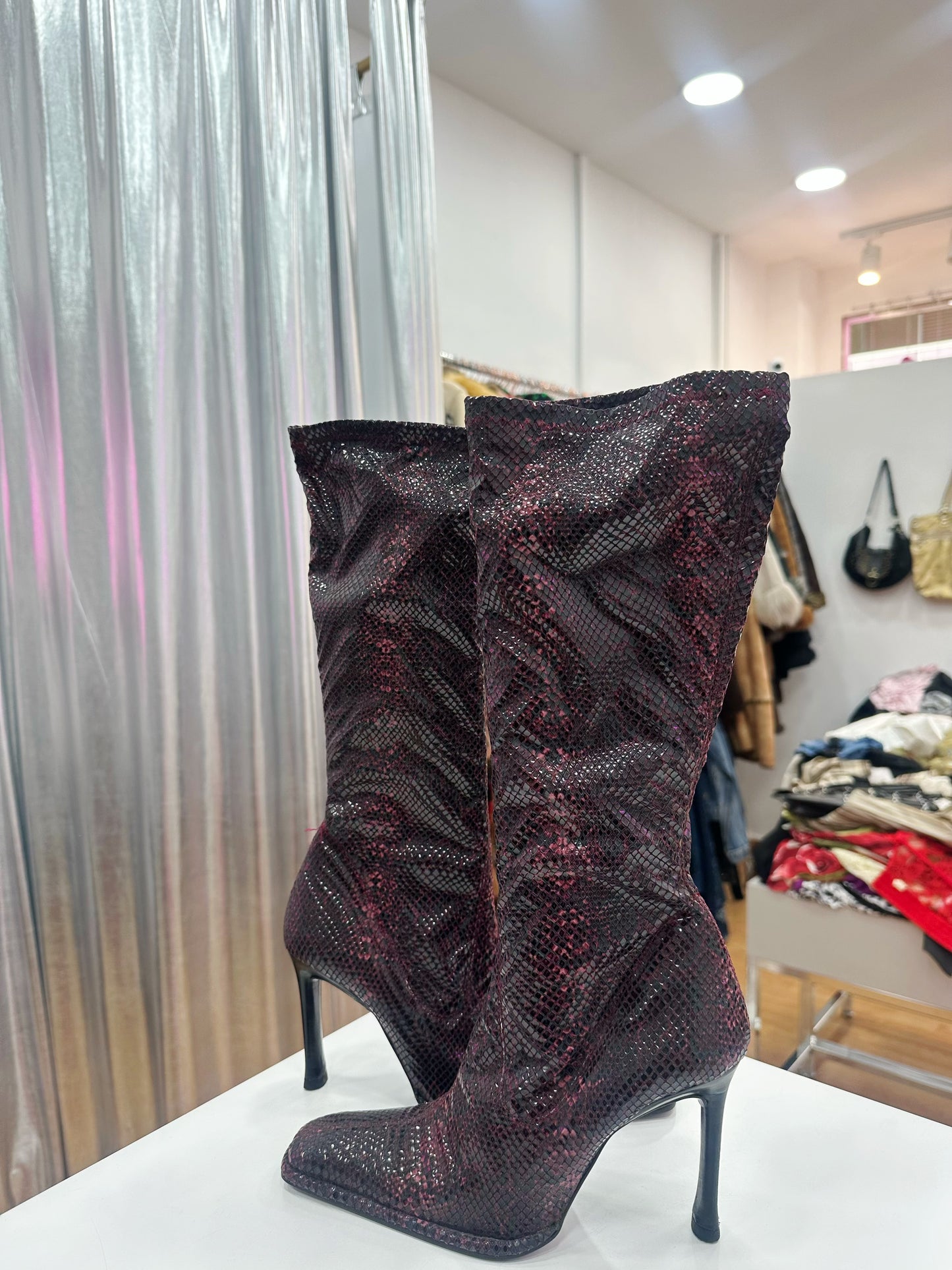 Leather snake print boots