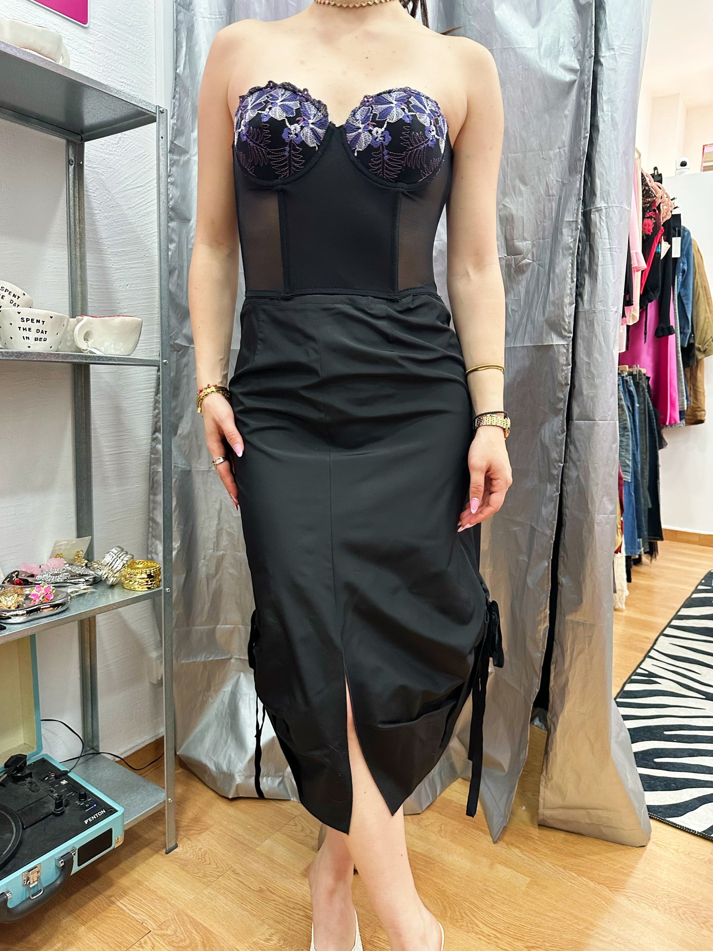 Black corset with purple flowers