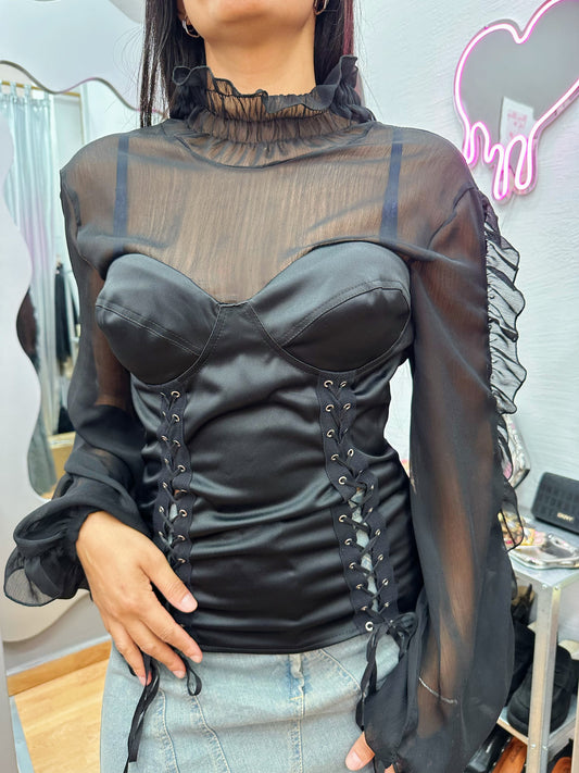 Corset with mesh & puffy sleeves