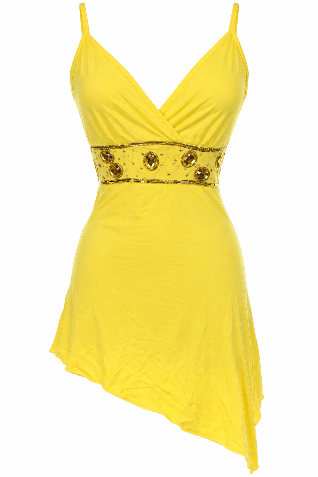 Asymmetrical mini yellow beaded dress