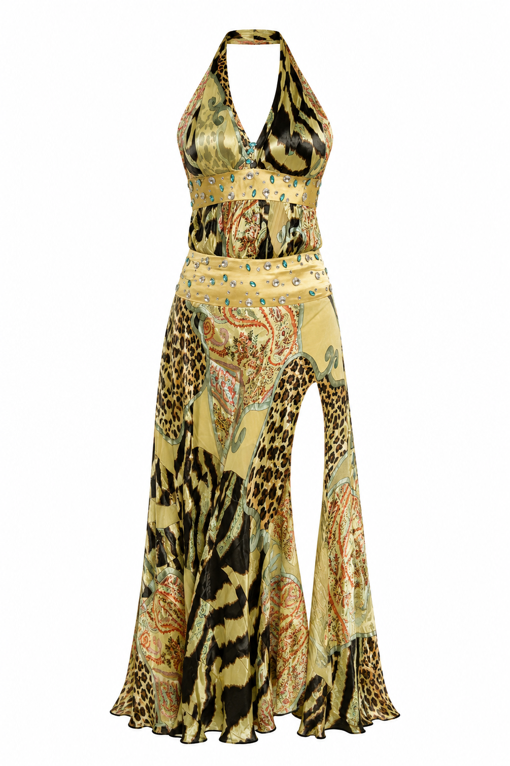 Y2K backless halter neck satin dress with beadings