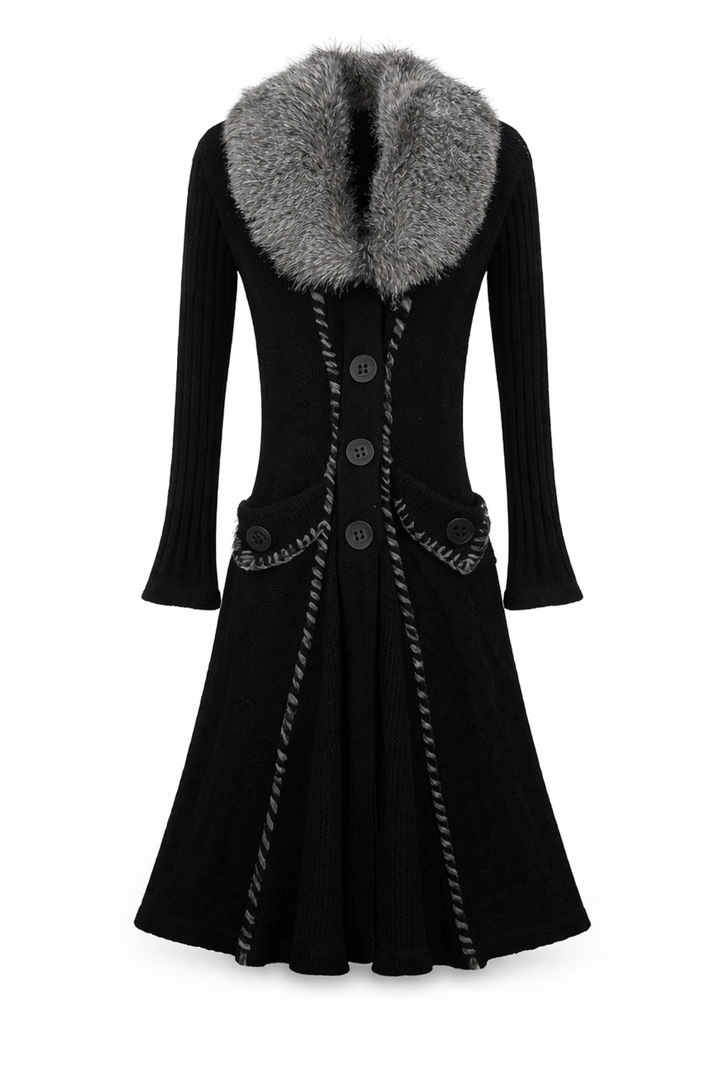 Knitted woolen fitted maxi gardigan with fur collar