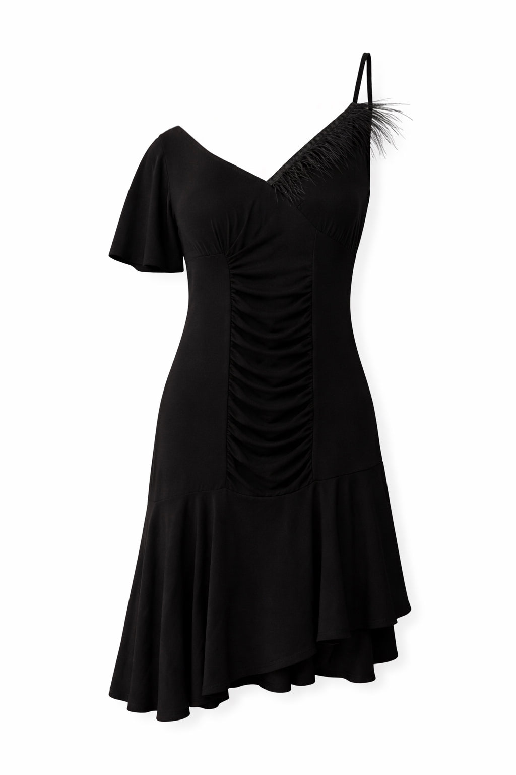Asymmetrical dress with feathers