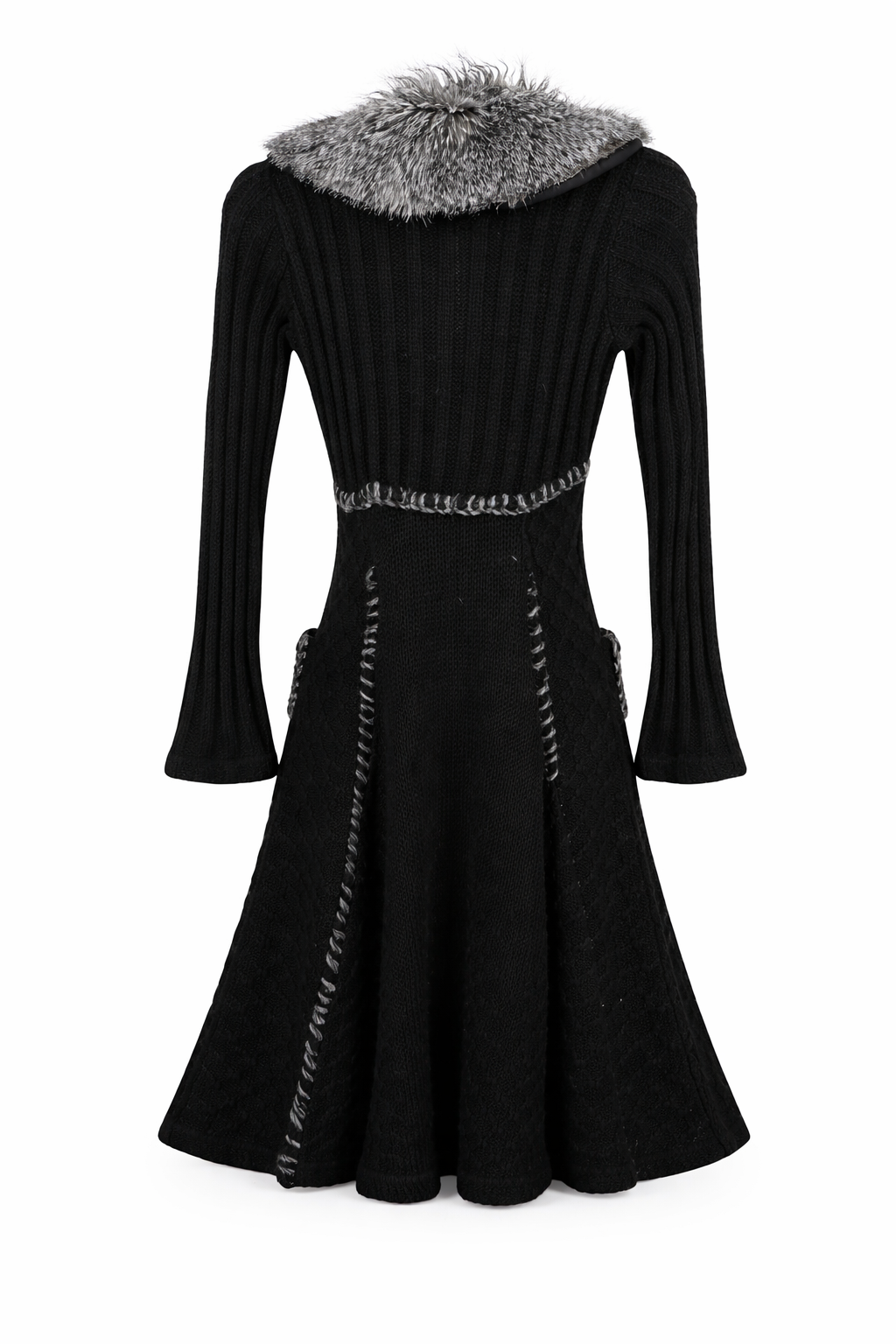 Knitted woolen fitted maxi gardigan with fur collar