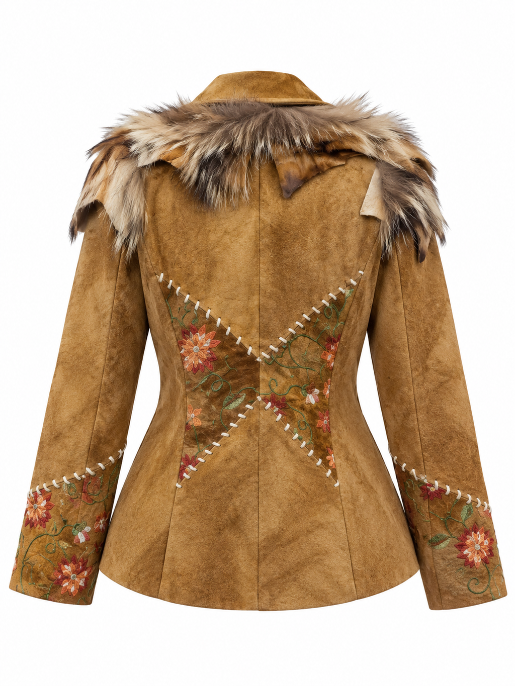 Deadstock real leather embroidered jacket with real fur details
