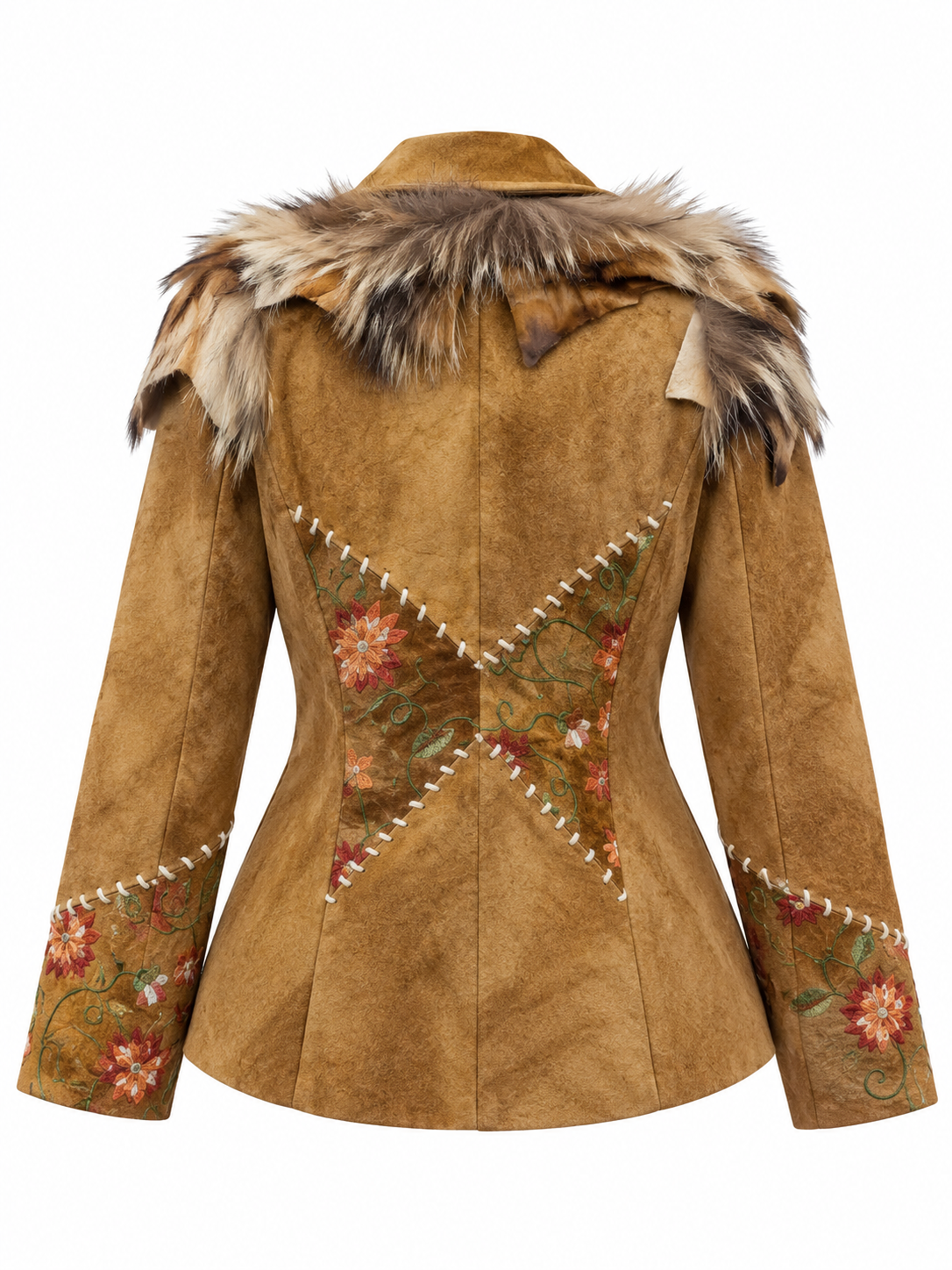 Deadstock real leather embroidered jacket with real fur details
