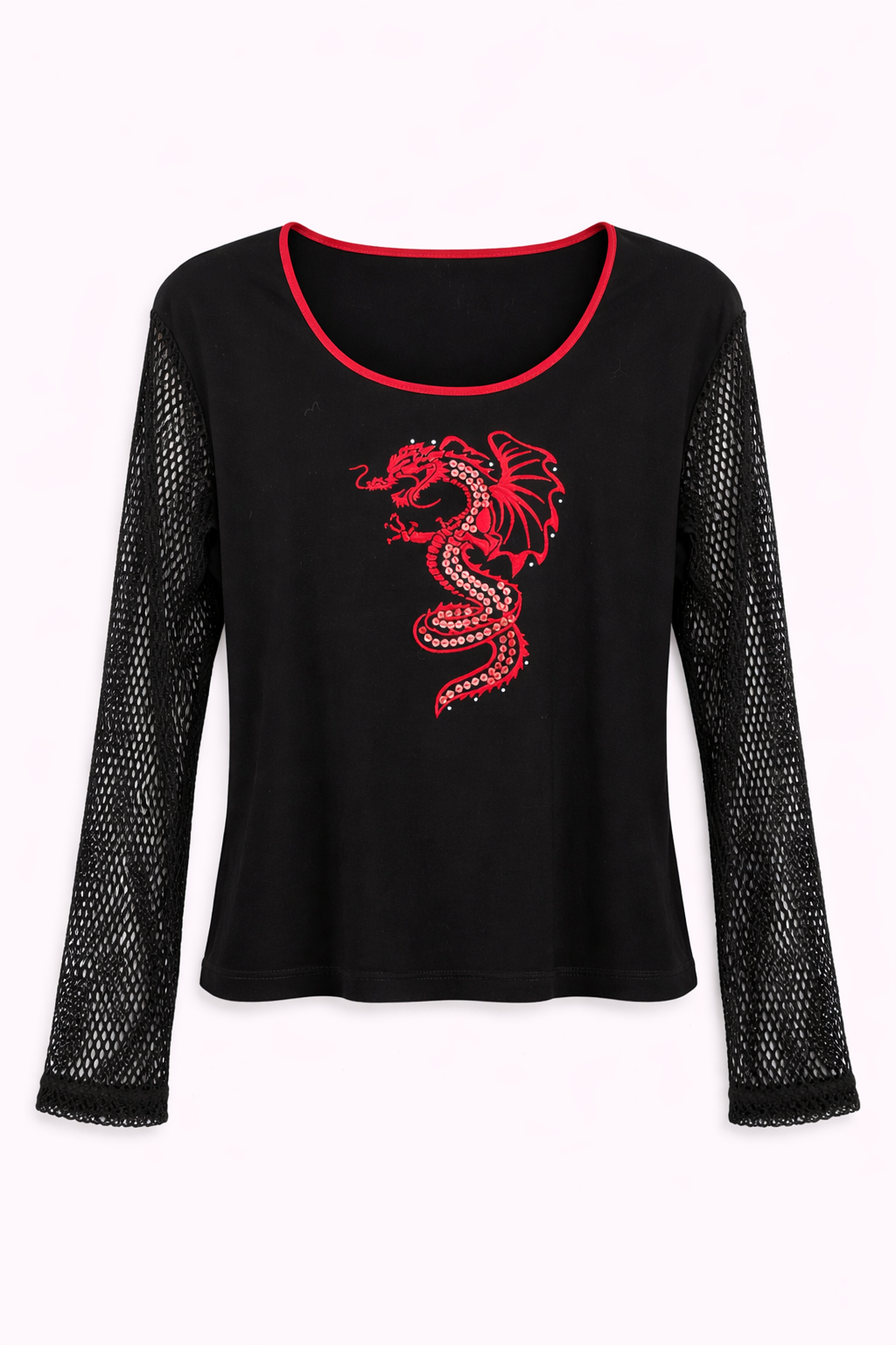 Vintage blouse with fishnet sleeves and dragon embroidery