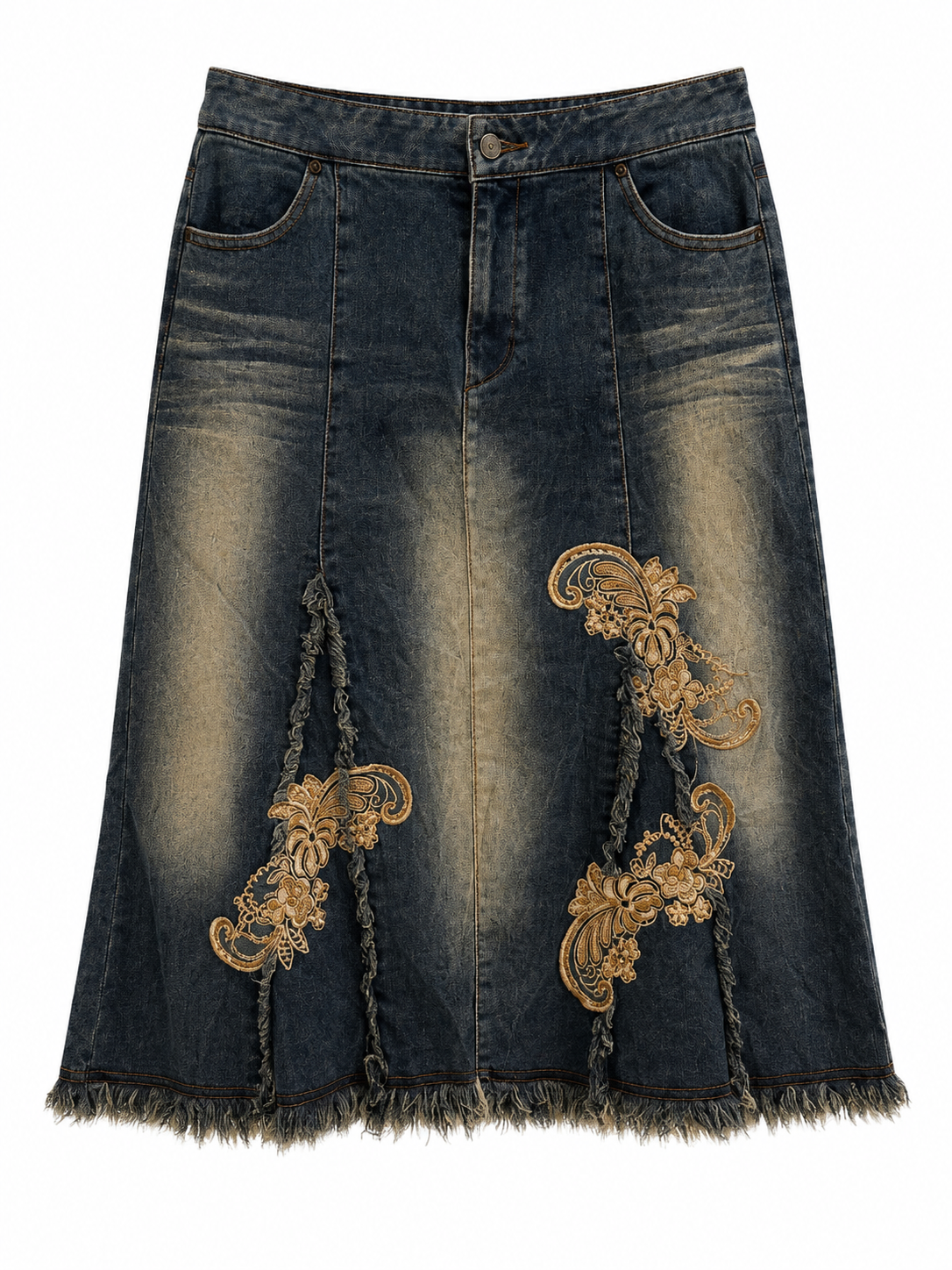 Denim midi skirt with lace patchwork