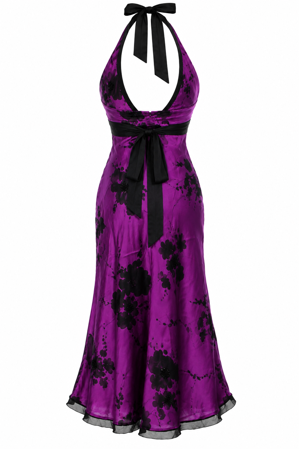 Satin midi halter neck dress with black flowers & small beads