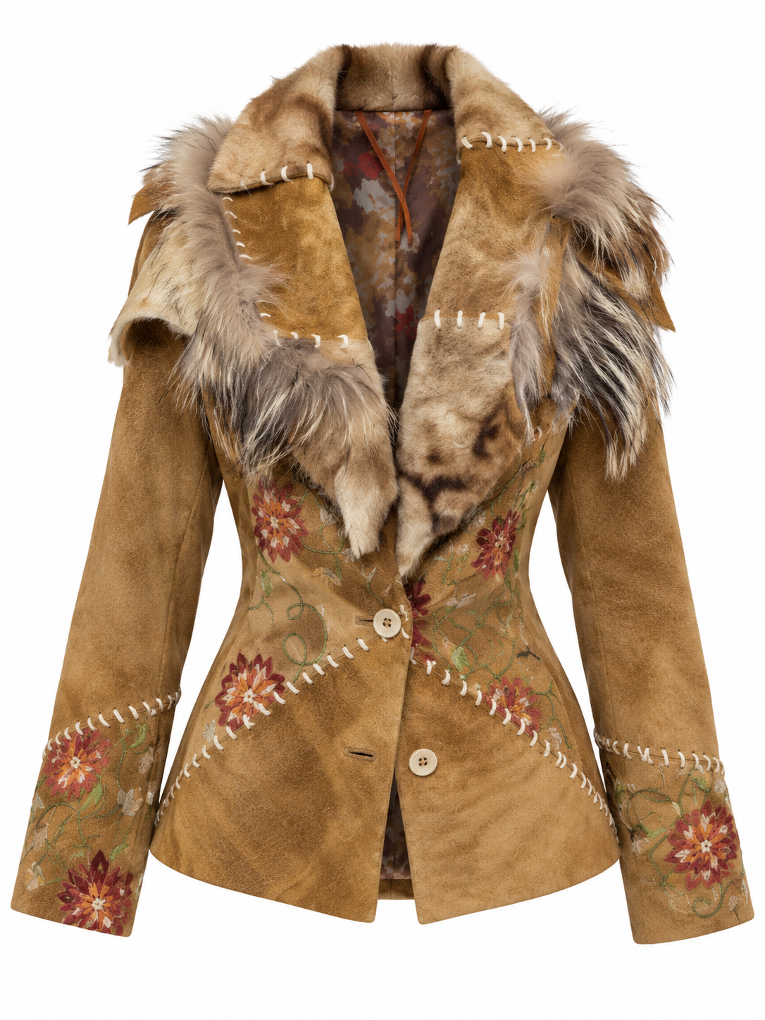 Deadstock real leather embroidered jacket with real fur details