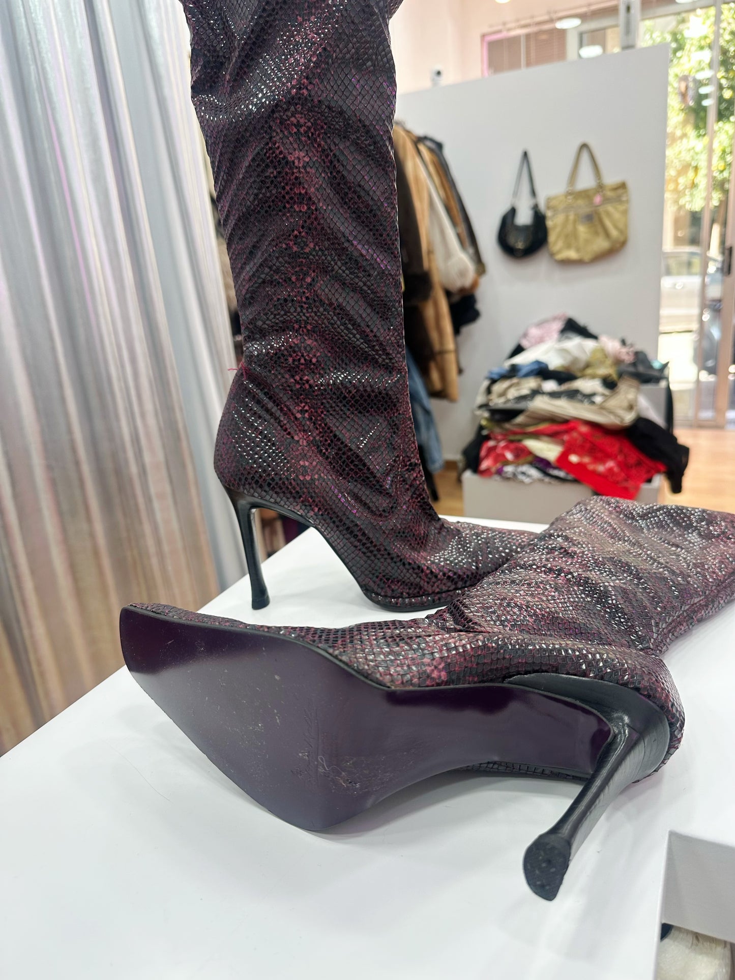 Leather snake print boots