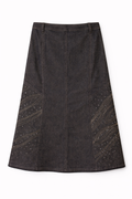 Midi denim skirt with side pattern