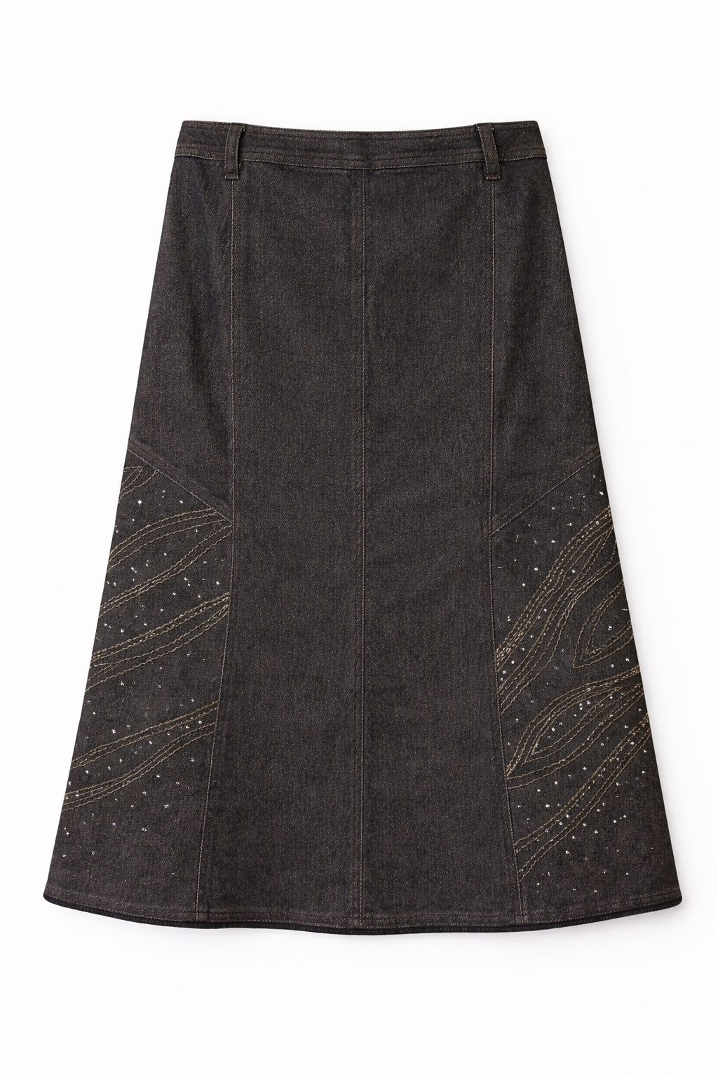 Midi denim skirt with side pattern