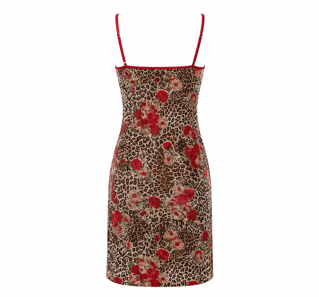 Leopard dress with red flower details
