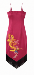 Plum red dress with fringes and big embroidery