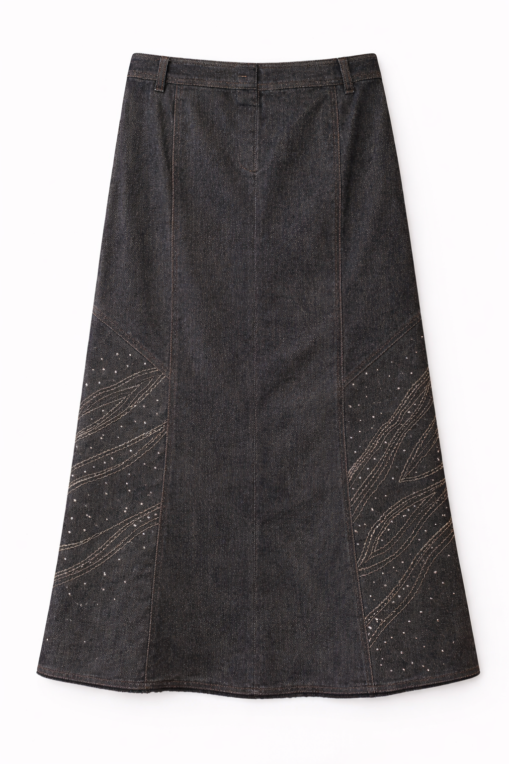 Midi denim skirt with side pattern