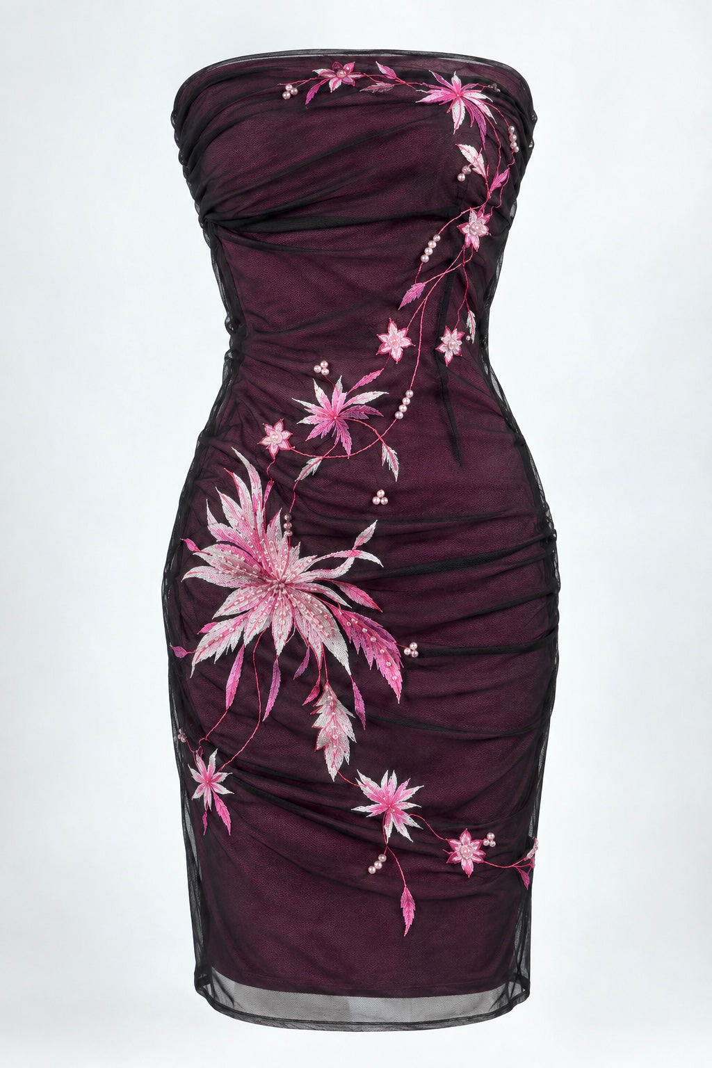 Overlayed embroidered strapless dress