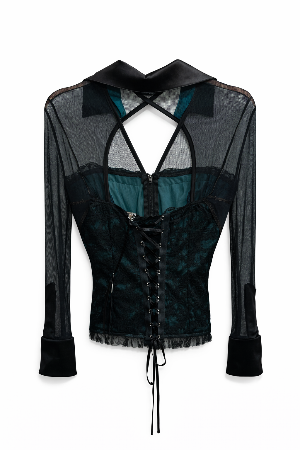 Deadstock corset blouse with mesh sleeves