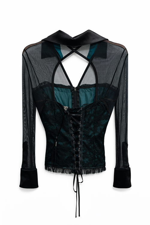 Deadstock corset blouse with mesh sleeves