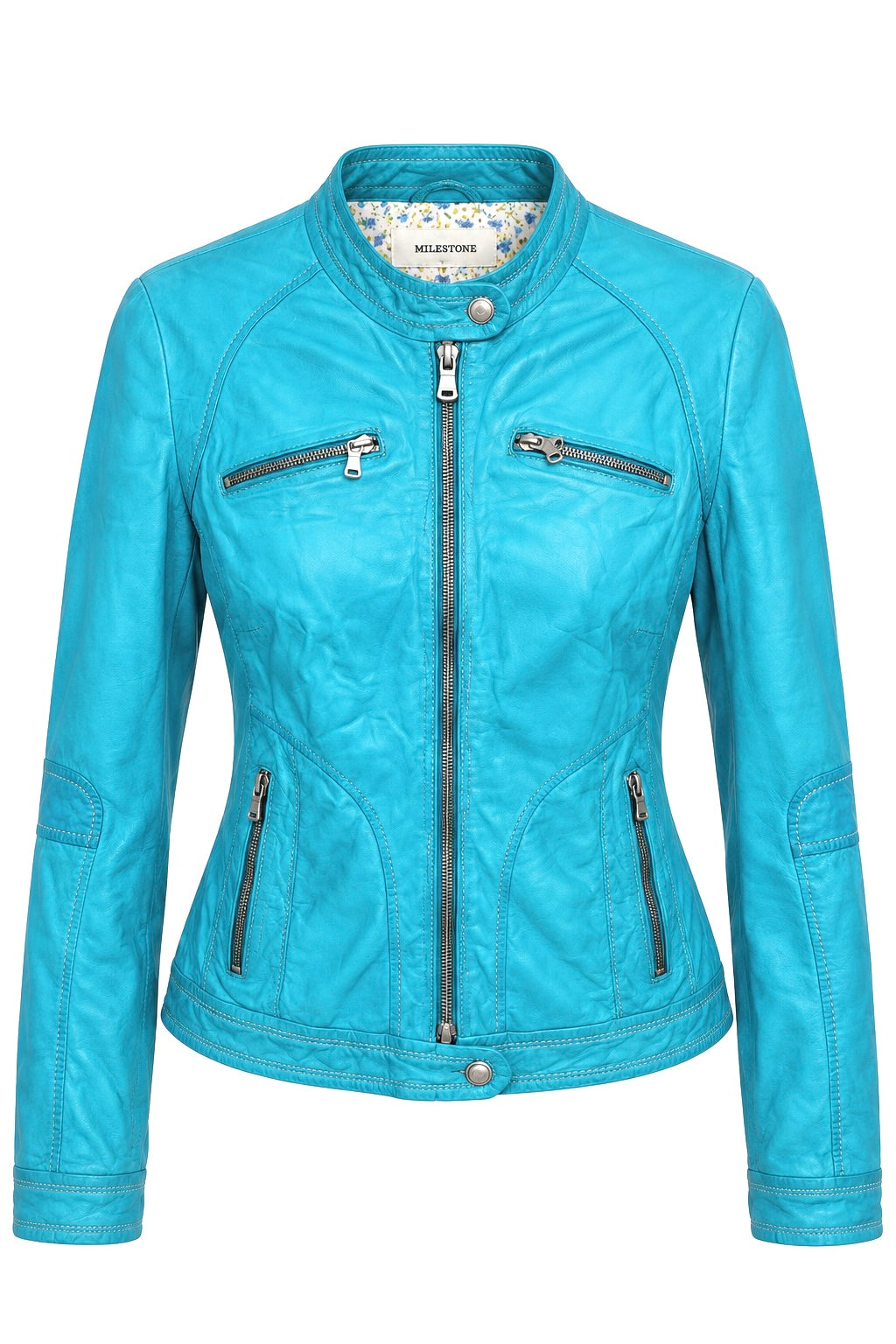 Teal real leather biker jacket