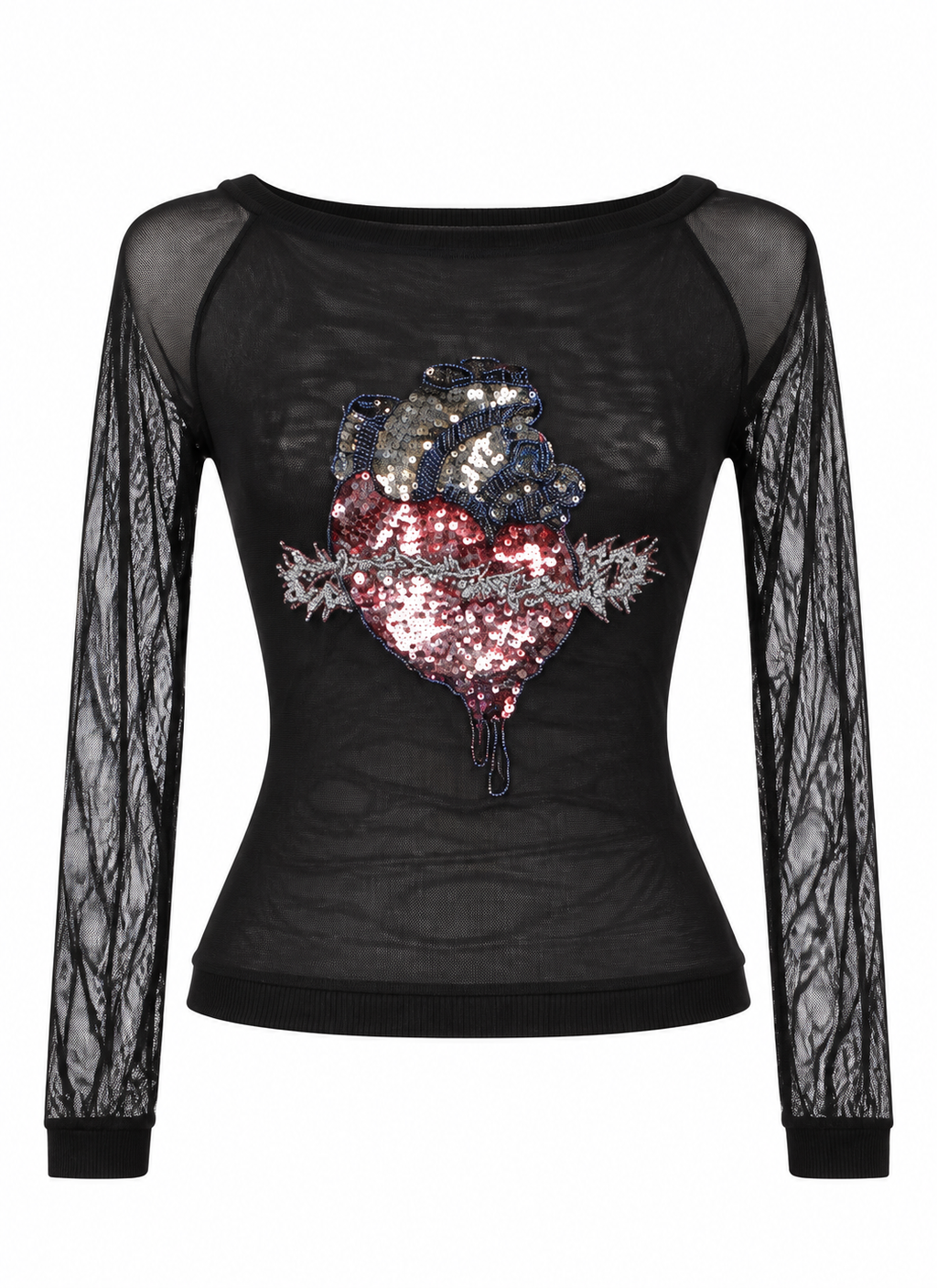 Vintage blouse with sequin embroidery & mesh sleeves