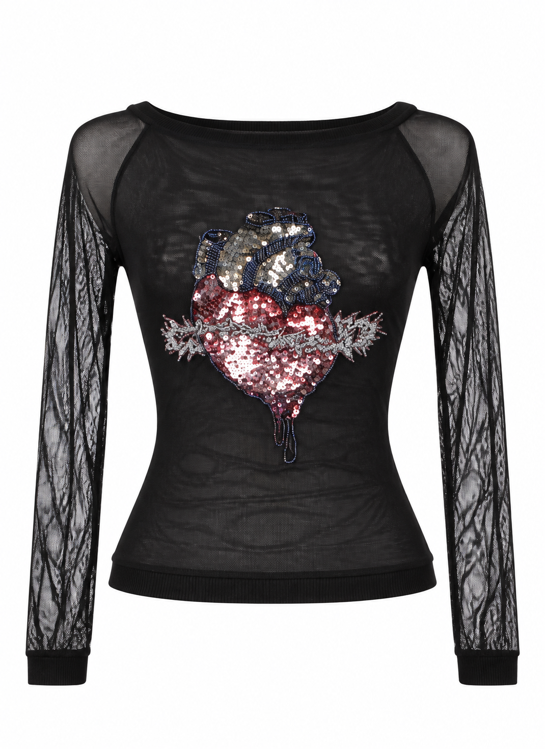 Vintage blouse with sequin embroidery & mesh sleeves