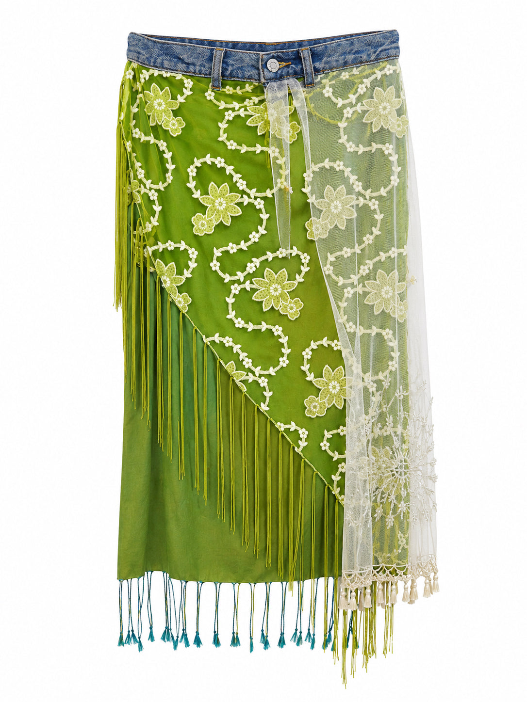Silk & denim detailed skirt with embellished mesh fabric