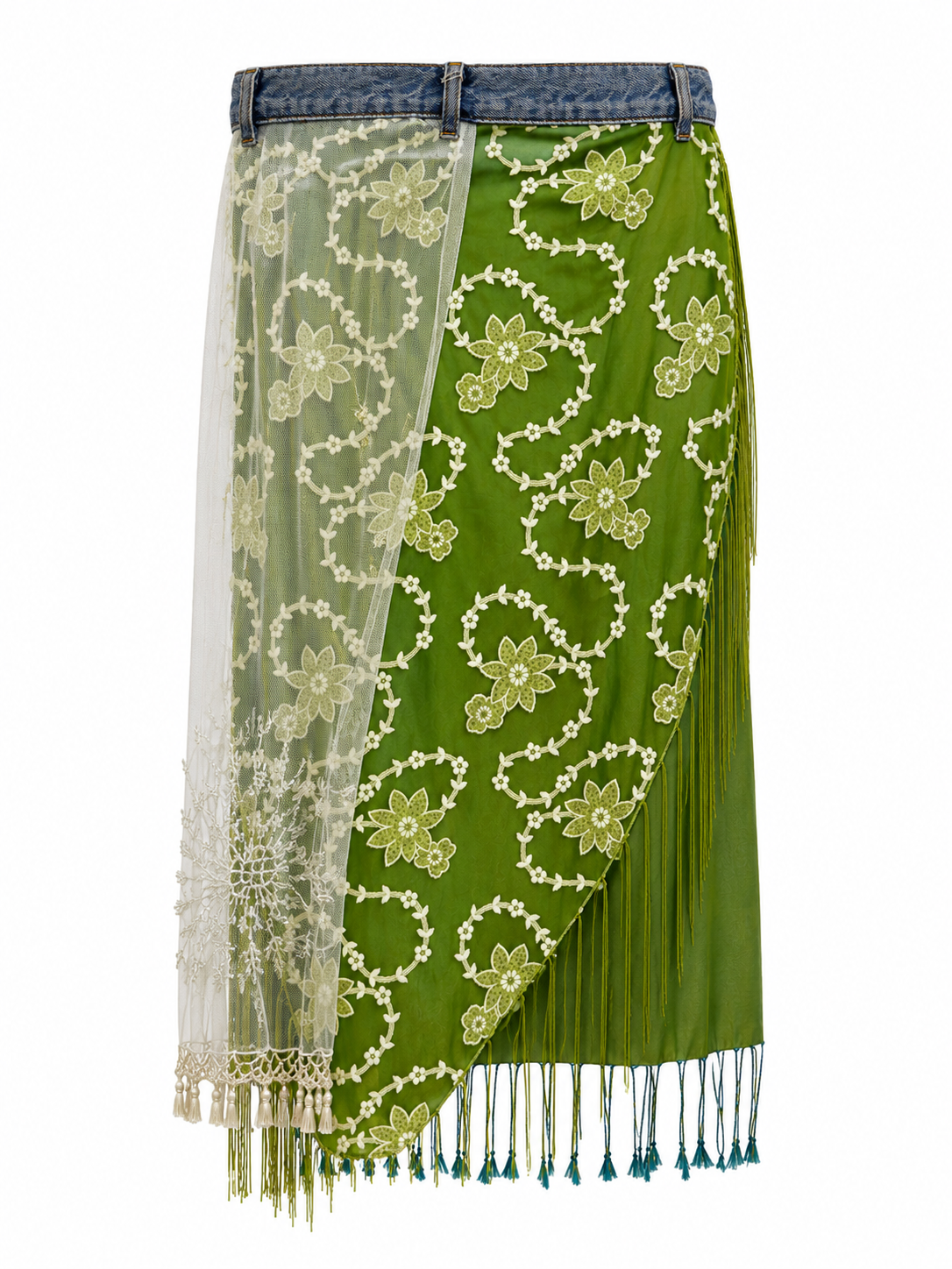 Silk & denim detailed skirt with embellished mesh fabric