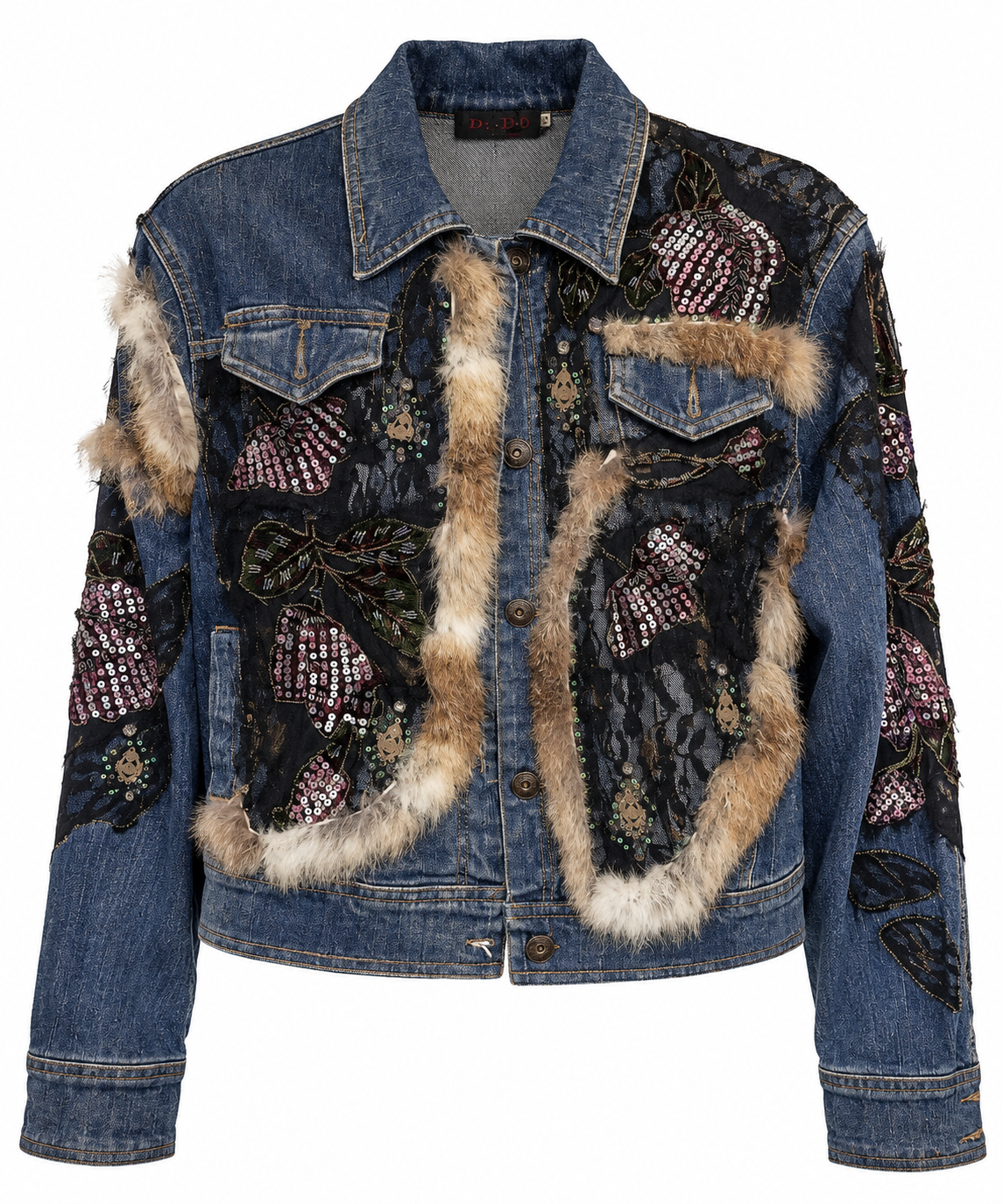 Vintage handmade embroidered denim jacket with fur trim
