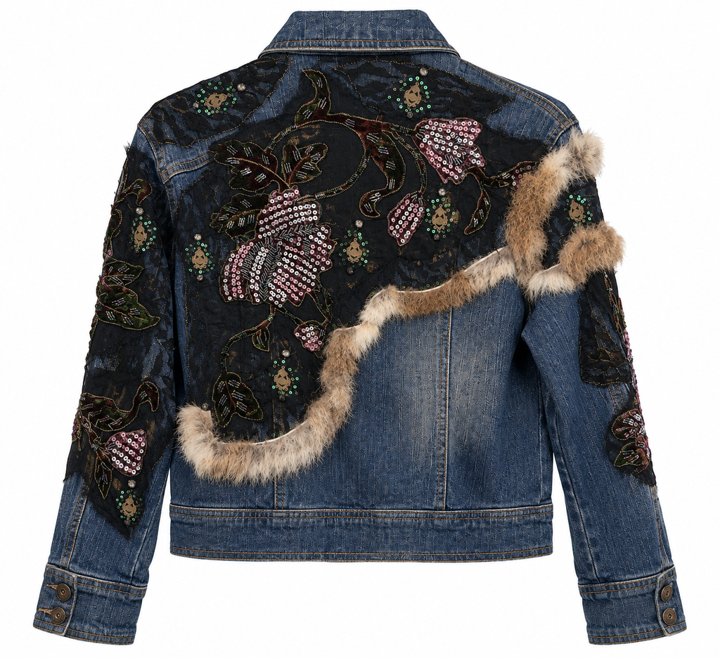 Vintage handmade embroidered denim jacket with fur trim