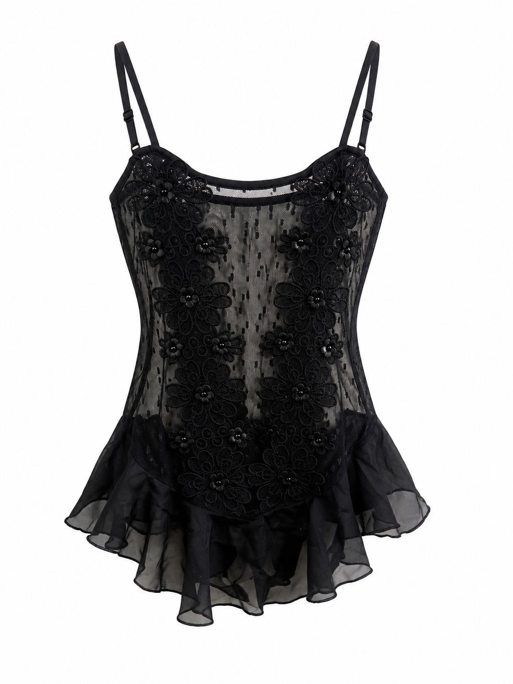 Sheer body with beaded lace and frill